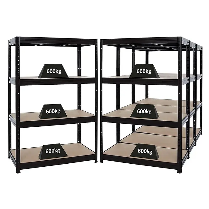 Mega Deal | 4x Schwerlastregal DINO | HxBxT 180x120x60cm | 4 MDF-Platten-Ebenen 6,5 mm | Fachlast 600kg | Schwarz -  - Schwarze Schwerlastregale aus Metall mit Holzböden, jeder mit 600 kg beladen zur Demonstration der Tragfähigkeit.