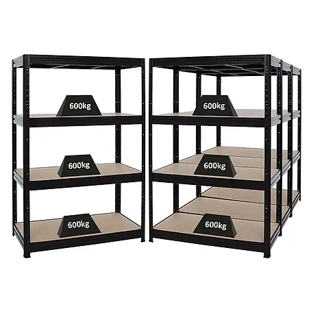 Mega Deal | 4x Schwerlastregal DINO | HxBxT 180x120x60cm | 4 MDF-Platten-Ebenen 6,5 mm | Fachlast 600kg | Schwarz