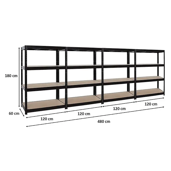Mega Deal | 4x Schwerlastregal DINO | HxBxT 180x120x60cm | 4 MDF-Platten-Ebenen 6,5 mm | Fachlast 600kg | Schwarz -  - Schwarzes Metall-Schwerlastregal mit hellbraunen Böden, 180cm hoch, 60cm tief, 480cm breit.