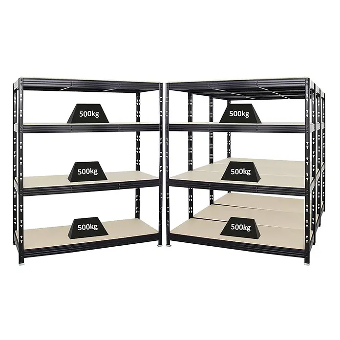 Mega Deal | 4x Profi Schwerlastregal Rhino | HxBxT 180x160x60cm | 4 Spanplatten-Ebenen 16mm | Fachlast 500kg | Schwarz -  - Zwei schwarze Schwerlast-Metallregale mit sechs hellen Böden, die jeweils 500 kg Tragfähigkeit demonstrieren.
