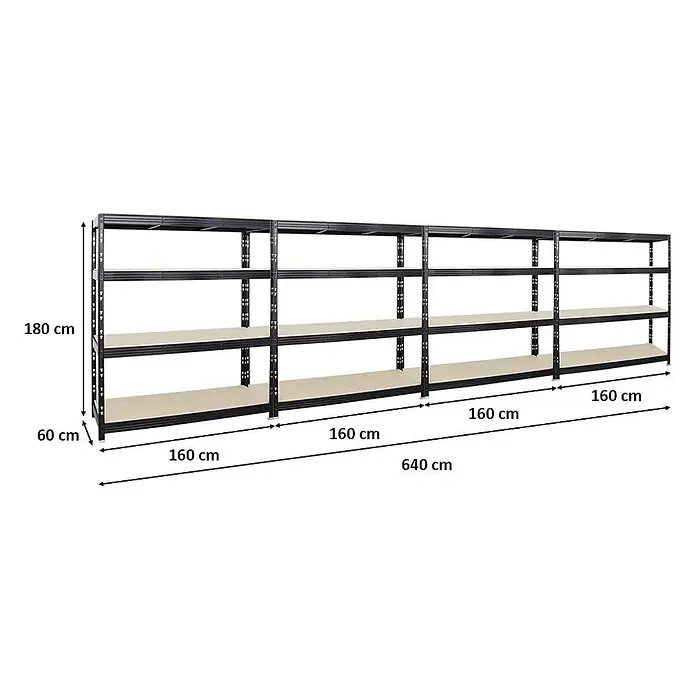 Mega Deal | 4x Profi Schwerlastregal Rhino | HxBxT 180x160x60cm | 4 Spanplatten-Ebenen 16mm | Fachlast 500kg | Schwarz -  - Schwarzes Metallregal mit Holzböden, 180 cm hoch, 640 cm lang (4 Abschnitte à 160 cm), 60 cm tief.