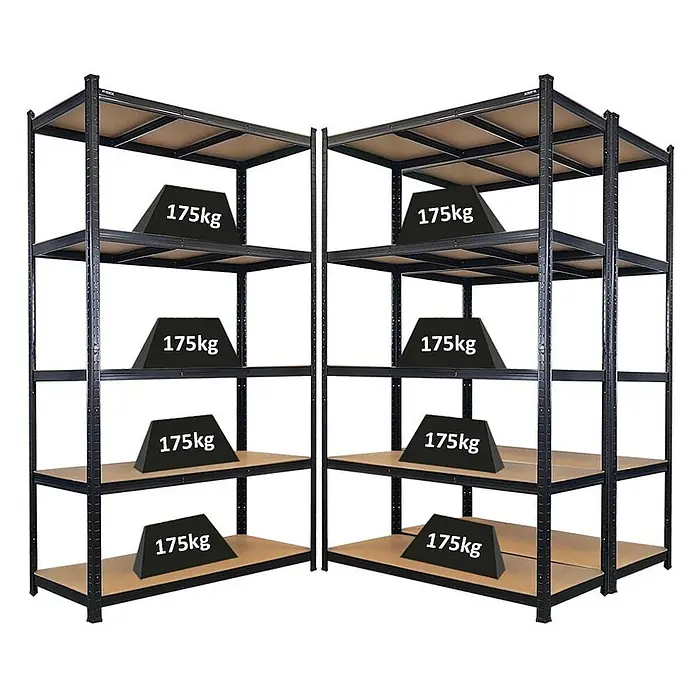 Mega Deal | 3x Schwerlastregal Giant Ragnar | HxBxT 200x120x50cm | 5 MDF-Platten-Ebenen | Fachlast 175kg | Schwarz -  - Zwei schwarze Metallregale mit braunen Ablagen, jede Ablage trägt 175 kg.