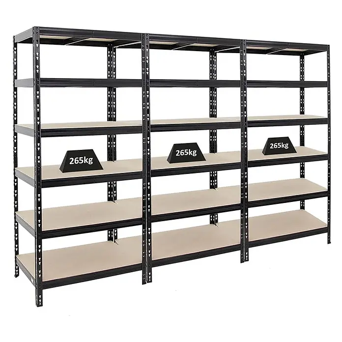 Mega Deal | 3x Schwerlastregal Giant Tiger | HxBxT 200x90x60 cm |  Fachlast 265kg | 6-Ebenen | Schwarz -  - Schwarzes Schwerlast-Metallregal mit hellen Einlegeböden, demonstriert 265 kg Tragfähigkeit.