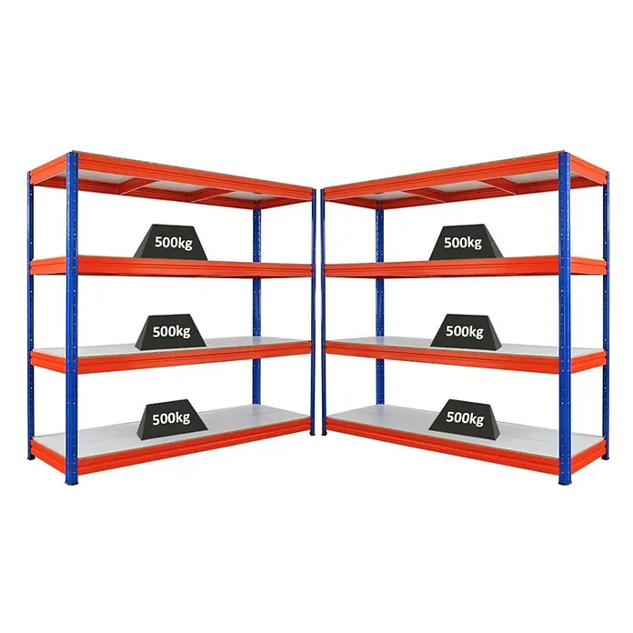 MegaDeal 2x Schwerlastregal DINO 180x200x60cm 4 Böden 500kg Blau/Orange -  - Zwei Schwerlastregale mit blauen Rahmen, orangefarbenen Trägern und hellgrauen Böden, mit jeweils 500kg Gewichten.
