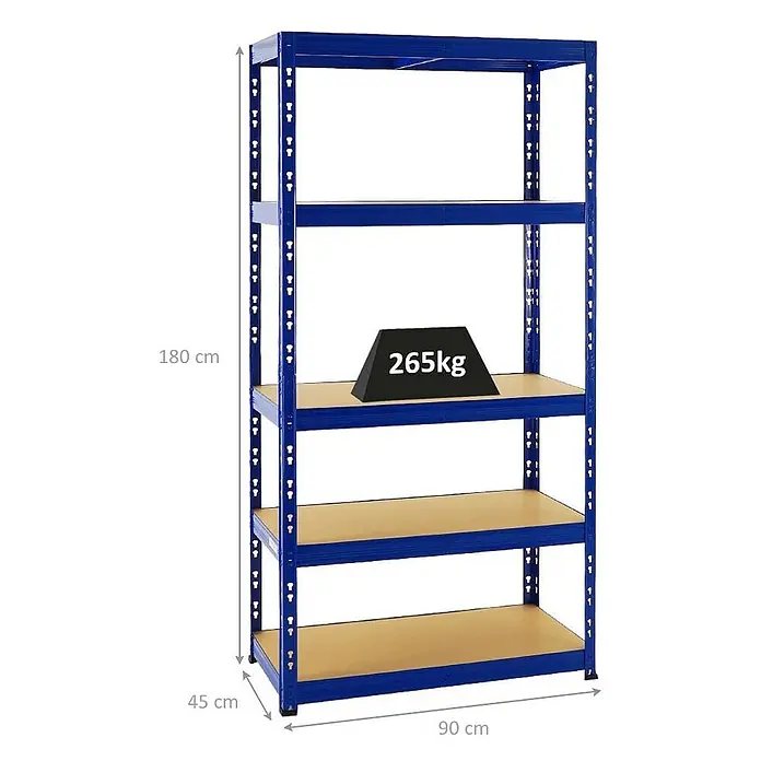 Proregal Schwerlastregal Tiger - H x B x T: 180 x 90 x 45 cm, Traglast pro Boden: 265 kg, Anzahl Böden: 5 Stk., Stecken, Blau - Blaues 5-bödiges Metallregal mit Holzbrettern, 180 cm hoch, 90 cm breit, 45 cm tief und 265 kg Traglast.