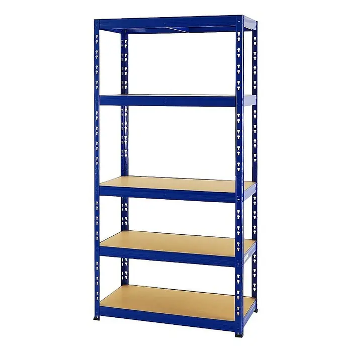 Proregal Schwerlastregal Tiger - H x B x T: 180 x 90 x 45 cm, Traglast pro Boden: 265 kg, Anzahl Böden: 5 Stk., Stecken, Blau - Blaues Metallregal mit fünf Holzablagen zur Aufbewahrung.