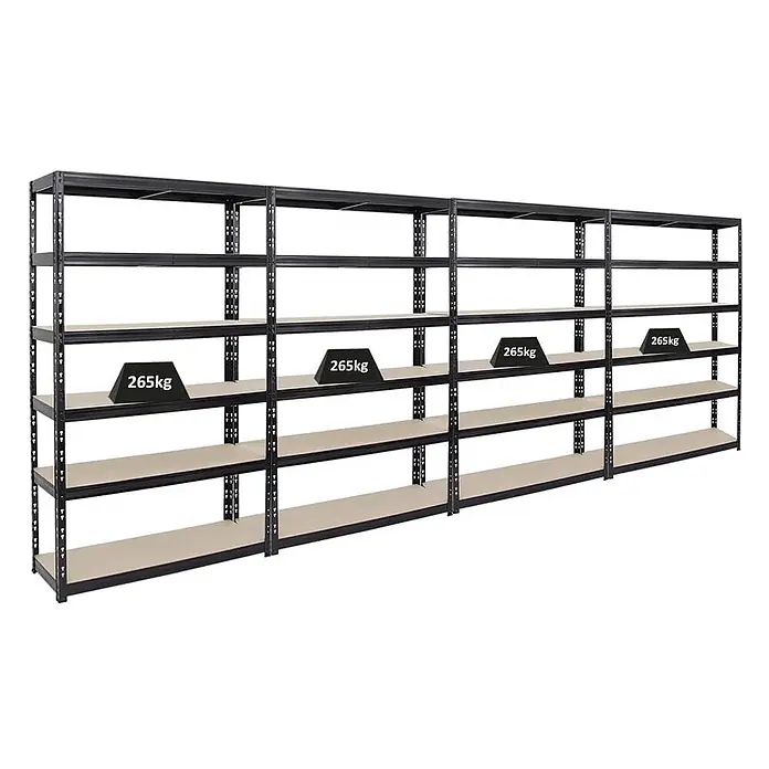 Mega Deal | 4x Schwerlastregal Giant Tiger | HxBxT 200x120x40cm | Fachlast 265kg | 6-Ebenen | Schwarz | Garagenregal, Lagerregal, Steckregal, Kellerregal, Werkstattregal -  - Großes schwarzes Metallregal mit mehreren Böden, das eine Traglast von 265kg anzeigt.