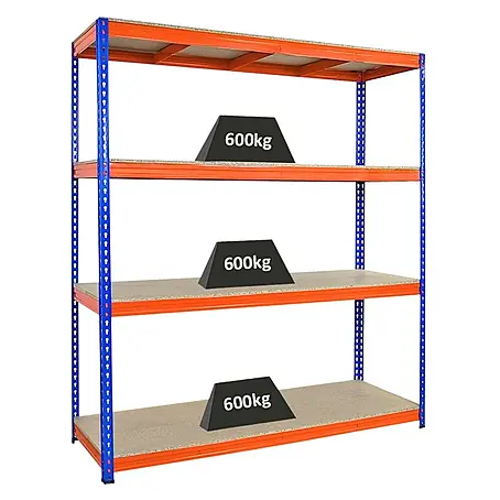 Profi Schwerlastregal BISON | HxBxT 200x180x60cm | 4 Spanplatten-Ebenen 15mm | Fachlast 600kg | Blau-Orange