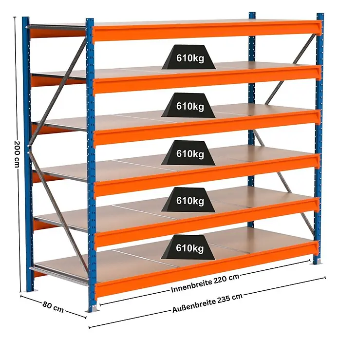 PROREGAL Industrie Weitspannregal Lagerregal MAXIMUS PRO Grundregal HxBxT 200x225x80cm 6 Ebenen, Spanplatten-Fachboden, Fachlast 610 kg Blau/Orange -  - Blau-orange Schwerlastregal mit 5 Böden, je 610kg Traglast. Maße: H200xT80xB235 cm.