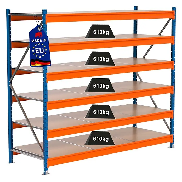 PROREGAL Industrie Weitspannregal Lagerregal MAXIMUS PRO Grundregal HxBxT 200x225x80cm 6 Ebenen, Spanplatten-Fachboden, Fachlast 610 kg Blau/Orange -  - Robustes blau-oranges Schwerlastregal mit 5 Böden, je 610kg Tragkraft. Mit „Made in EU“-Etikett.