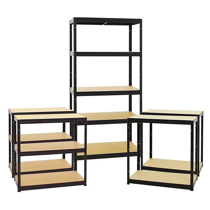 Mega Deal | 3x Schwerlastregal Slim Elephant S | HxBxT 180x90x45 cm | 5 Ebenen | Fachlast 350 kg | Schwarz -  - Modulare Regale aus schwarzem Metall mit hellen Holzablagen, vielseitig für verschiedene Lagerzwecke.