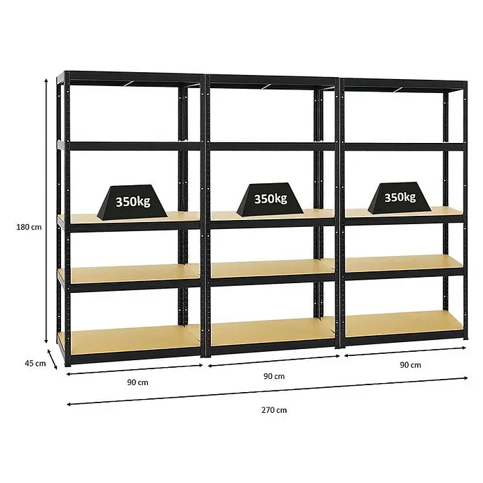 Mega Deal | 3x Schwerlastregal Slim Elephant S | HxBxT 180x90x45 cm | 5 Ebenen | Fachlast 350 kg | Schwarz -  - Schwarze Schwerlastregale aus Metall mit Holzablagen, Abmessungen (180x270x45cm) und 350kg Traglast pro Ablage.