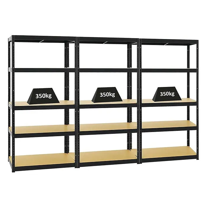 Mega Deal | 3x Schwerlastregal Slim Elephant S | HxBxT 180x90x45 cm | 5 Ebenen | Fachlast 350 kg | Schwarz -  - Schwarzes Schwerlastregal aus Metall mit Holzablagen, zeigt 350kg Tragfähigkeit pro Fachboden.