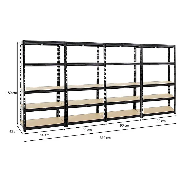Mega Deal | 4x Schwerlastregal Tiger | HxBxT 180x90x45 cm |  Fachlast 265kg | Schwarz -  - Schwarzes Metall-Lagerregal mit Holzregalböden, 4 Sektionen, Maße 180x360x45 cm.