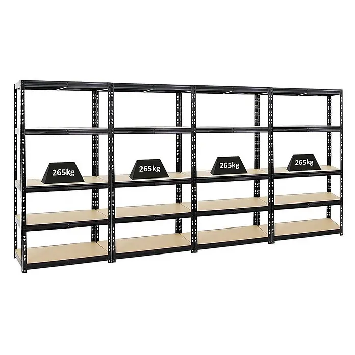 Mega Deal | 4x Schwerlastregal Tiger | HxBxT 180x90x45 cm |  Fachlast 265kg | Schwarz -  - Vier schwarze Schwerlastregale aus Metall mit hellen Holzablagen, die jeweils eine Tragfähigkeit von 265 kg zeigen.
