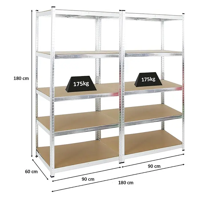 Mega Deal | 2x Schwerlastregal Ragnar | HxBxT 180x90x60cm | 5 MDF-Platten-Ebenen | Fachlast 175kg | Verzinkt -  - Zwei silberne Metallregale mit 5 braunen Böden, 180x180x60 cm. Jeder Boden trägt 175kg.