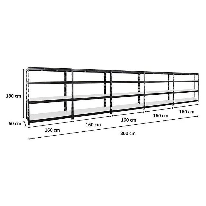 Mega Deal | 5x Profi Schwerlastregal Rhino | HxBxT 180x160x60cm | 4 Melamin-Ebenen 16mm | Fachlast 500kg | Schwarz -  - Schwarzes Metallregal mit weißen Böden, 180x60x800 cm, zur organisierten Lagerung.