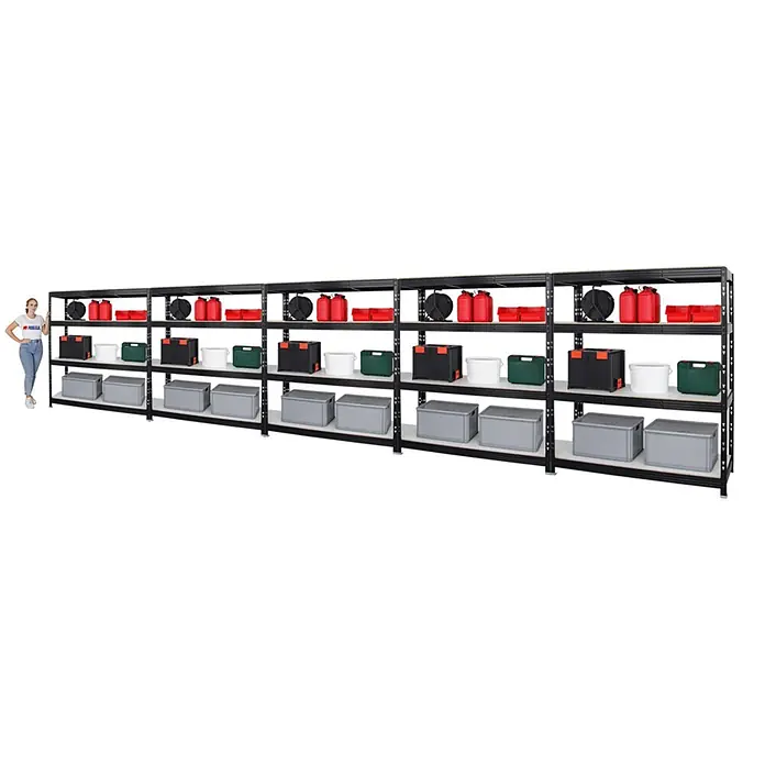 Mega Deal | 5x Profi Schwerlastregal Rhino | HxBxT 180x160x60cm | 4 Melamin-Ebenen 16mm | Fachlast 500kg | Schwarz -  - Langes schwarzes Regal mit mehreren Holzregalböden, gefüllt mit verschiedenen Aufbewahrungsbehältern. Eine Person steht daneben zum Größenvergleich.