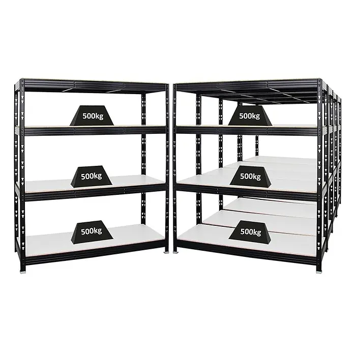 Mega Deal | 5x Profi Schwerlastregal Rhino | HxBxT 180x160x60cm | 4 Melamin-Ebenen 16mm | Fachlast 500kg | Schwarz -  - Zwei schwarze Schwerlastregale aus Metall mit hellen Böden, jedes mit 500 kg Belastung gezeigt.