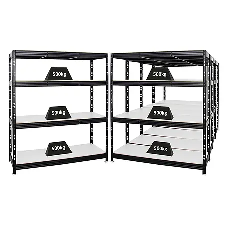 Mega Deal | 5x Profi Schwerlastregal Rhino | HxBxT 180x160x60cm | 4 Melamin-Ebenen 16mm | Fachlast 500kg | Schwarz