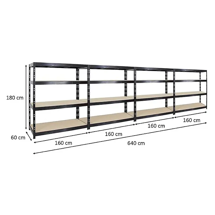 Mega Deal | 4x Profi Schwerlastregal Rhino | HxBxT 180x160x60cm | 4 Spanplatten-Ebenen 8mm | Fachlast 500kg | Schwarz -  - Langes schwarzes Metallregal mit hellbraunen Böden. Es ist 180 cm hoch, 60 cm tief und 640 cm lang, bestehend aus vier 160 cm Abschnitten.
