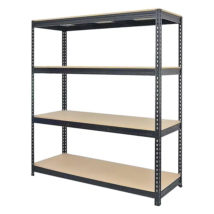 Mega Deal | 5x Profi Schwerlastregal BISON | HxBxT 200x180x60cm | 4 Fachböden | Fachlast 600kg | Schwarz -  - Vierstufiges Schwerlastregal mit dunkelgrauem Metallrahmen und hellbraunen Holzregalböden.
