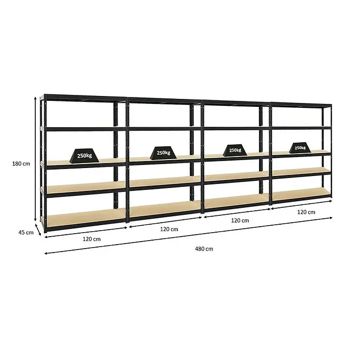 Mega Deal | 4x Schwerlastregal Big Elephant S | HxBxT 180x120x45 cm | Fachlast 250kg | Schwarz -  - Schwarzes Metallregal mit hellen Holzablagen. Gesamtmaße: 180 cm H x 480 cm B x 45 cm T. Jede Ablage trägt 250 kg.