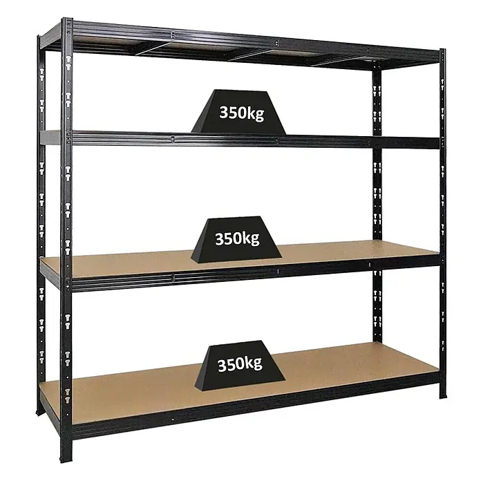 Profi Schwerlastregal GOLIATH 180x200x60cm 350kg 4 Ebenen Schwarz -  - Schwarzes Metallregal mit vier braunen Einlegeböden, jeder mit 350kg Traglast.