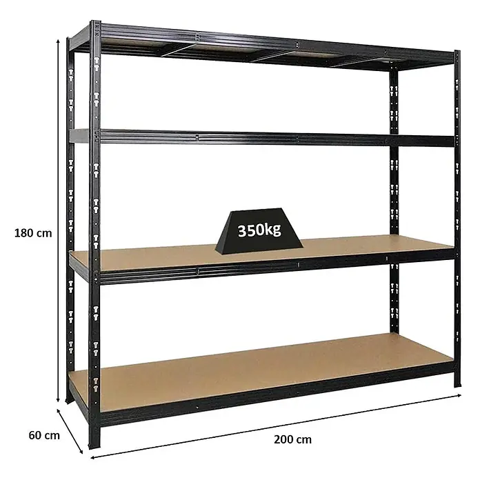 Profi Schwerlastregal GOLIATH 180x200x60cm 350kg 4 Ebenen Schwarz -  - Schwarzes Metallregal mit 4 hellbraunen Böden. Misst 180x200x60 cm, jeder Boden trägt 350kg.
