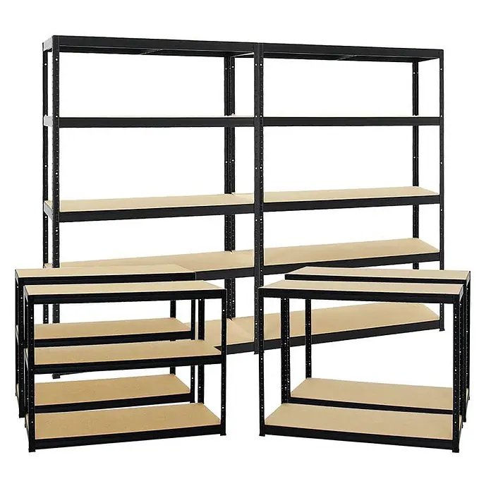 Mega Deal | 4x Schwerlastregal Big Elephant S | HxBxT 180x120x45 cm | Fachlast 250kg | Schwarz -  - Modulare schwarze Metallregale mit hellbraunen Holzablagen, in verschiedenen Konfigurationen dargestellt.