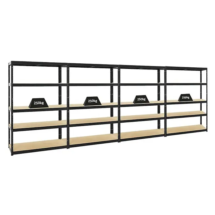 Mega Deal | 4x Schwerlastregal Big Elephant S | HxBxT 180x120x45 cm | Fachlast 250kg | Schwarz -  - Vier schwarze Metallregale mit hellen Holzregalböden, jeder Boden für 250 kg belastbar.