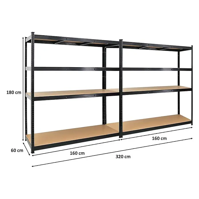 Mega Deal | 2x Schwerlastregal TAURUS XL mit TÜV/GS Zertifizierung | HxBxT 180x160x60cm | Fachlast 250kg | Schwarz -  - Großes schwarzes Metallregal mit fünf Holzablagen pro Sektion, gesamt 320 cm lang, 180 cm hoch, 60 cm tief.