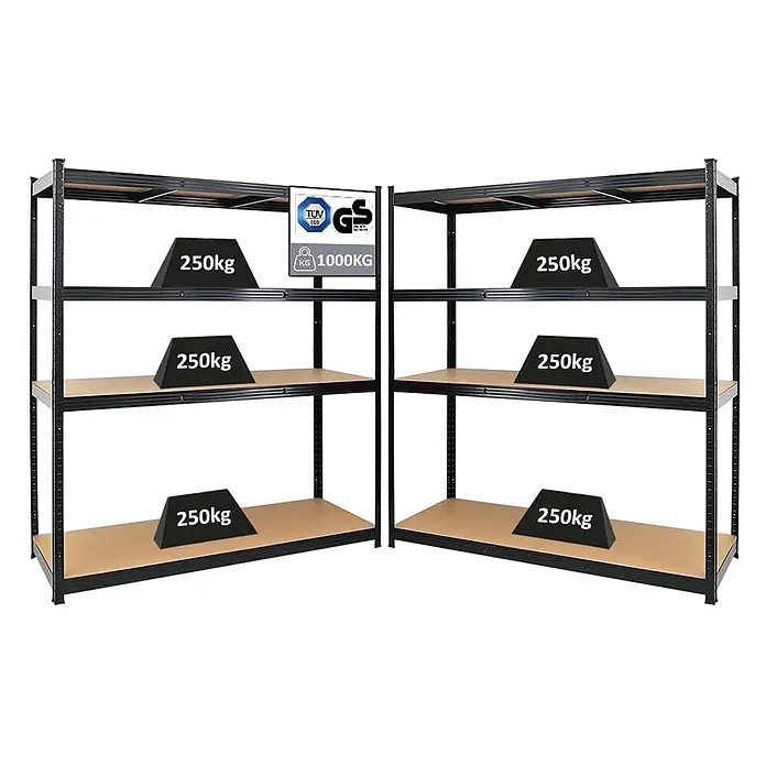 Mega Deal | 2x Schwerlastregal TAURUS XL mit TÜV/GS Zertifizierung | HxBxT 180x160x60cm | Fachlast 250kg | Schwarz -  - Zwei robuste schwarze Metallregale mit Holzplatten, 250 kg pro Boden, 1000 kg Gesamtlast.
