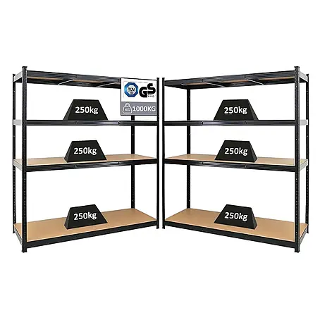 Mega Deal | 2x Schwerlastregal TAURUS XL mit TÜV/GS Zertifizierung | HxBxT 180x160x60cm | Fachlast 250kg | Schwarz