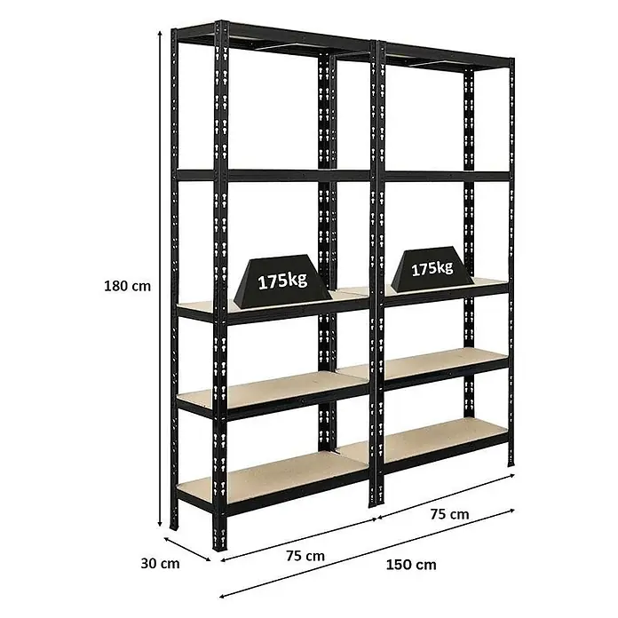 Mega Deal | 2x Schwerlastregal APOLLO | HxBxT 180x75x30 cm | Fachlast 175kg | Schwarz -  - Schwarzes Schwerlast-Metallregal, 180x150x30 cm, mit 10 Holzablagen, je 175kg Tragkraft.