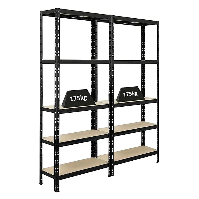 Mega Deal | 2x Schwerlastregal APOLLO | HxBxT 180x75x30 cm | Fachlast 175kg | Schwarz -  - Zwei schwarze Schwerlast-Metallregale mit Holzablagen, die eine Tragfähigkeit von 175 kg pro Fach zeigen.