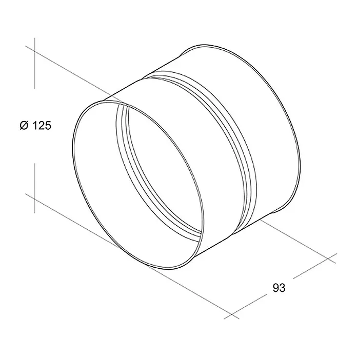 Air-Circle Wickelfalzrohr-Muffe - Durchmesser: 125 mm, Stahl - Eine isometrische Darstellung eines Kanalverbindungsstücks mit den Maßen Ø 125 und 93. Das Bild zeigt ein schematisches Produktdesign.
