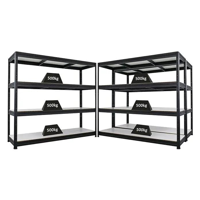 Mega Deal | 3x Schwerlastregal DINO | HxBxT 180x200x60cm | 4 Melamin-Ebenen 16mm | Fachlast 500kg | Schwarz -  - Zwei robuste schwarze Metallregale, jeweils mit drei weißen Böden, die eine Tragfähigkeit von 500 kg pro Boden zeigen.