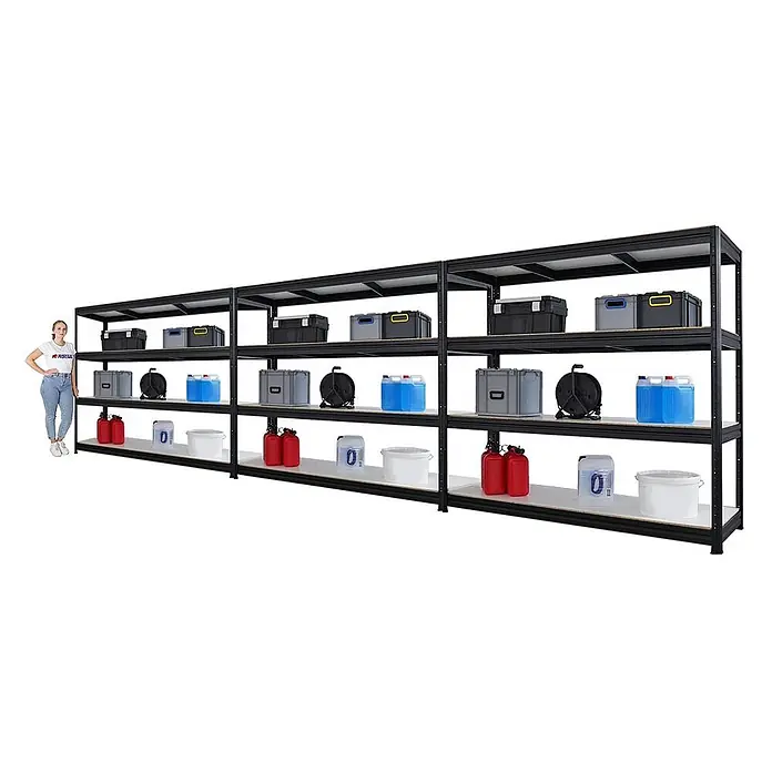 Mega Deal | 3x Schwerlastregal DINO | HxBxT 180x200x60cm | 4 Melamin-Ebenen 16mm | Fachlast 500kg | Schwarz -  - Langes schwarzes modulares Regal mit hellen Böden, gefüllt mit Lagerartikeln. Eine Frau steht daneben zur Größenangabe.