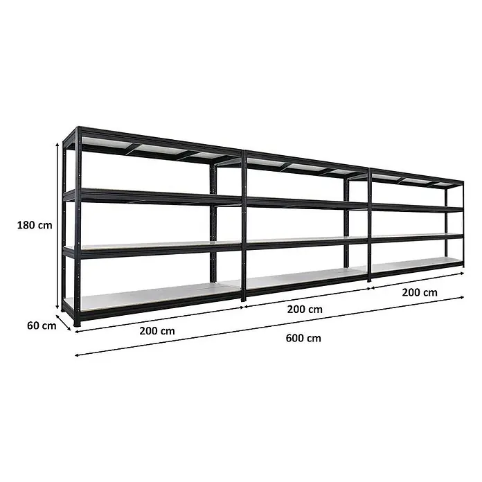 Mega Deal | 3x Schwerlastregal DINO | HxBxT 180x200x60cm | 4 Melamin-Ebenen 16mm | Fachlast 500kg | Schwarz -  - Schwarzes Metallregal, 180x600x60 cm, mit hellen Böden für Lagerzwecke.