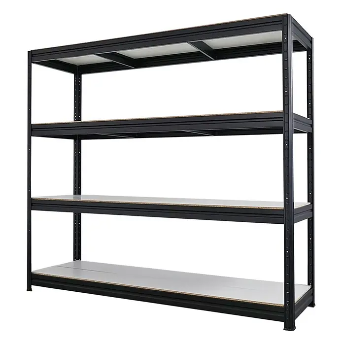 Mega Deal | 3x Schwerlastregal DINO | HxBxT 180x200x60cm | 4 Melamin-Ebenen 16mm | Fachlast 500kg | Schwarz -  - Schwarzes Metallregal mit vier hellen Ablagen für Lagerzwecke.