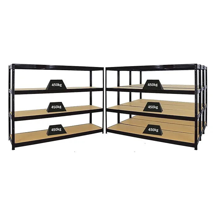 Mega Deal | 4x Schwerlastregal DINO | HxBxT 180x240x60cm | 4 MDF-Platten-Ebenen 6,5 mm | Fachlast 450kg | Schwarz -  - Zwei Schwerlastregale aus dunklem Metall mit hellen Holzablagen, jedes Fach mit 450kg Tragkraft.
