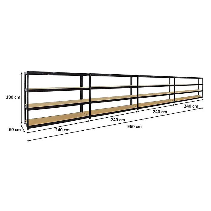 Mega Deal | 4x Schwerlastregal DINO | HxBxT 180x240x60cm | 4 MDF-Platten-Ebenen 6,5 mm | Fachlast 450kg | Schwarz -  - Langes schwarzes Metallregal mit hellbraunen Holzregalböden, 180 cm hoch, 60 cm tief, 960 cm breit für Schwerlastlagerung.