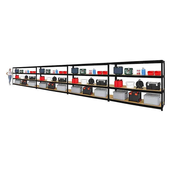Mega Deal | 4x Schwerlastregal DINO | HxBxT 180x240x60cm | 4 MDF-Platten-Ebenen 6,5 mm | Fachlast 450kg | Schwarz -  - Langes schwarzes Metallregal mit Holzbrettern, gefüllt mit Lagerartikeln, mit einer Person als Größenvergleich.