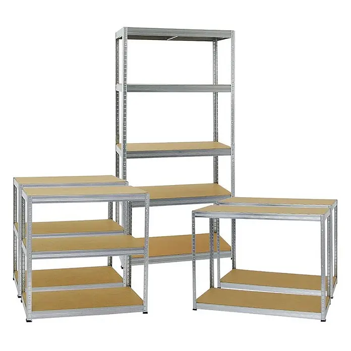 MegaDeal 3xSchwerlastregal Slim Elephant S 180x90x45 5 Böden 350kg Verzinkt -  - Set aus verzinkten Metallregalen mit hellbraunen Holzablagen, in verschiedenen Konfigurationen gezeigt.