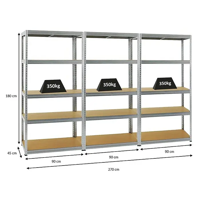 MegaDeal 3xSchwerlastregal Slim Elephant S 180x90x45 5 Böden 350kg Verzinkt -  - Schwerlast-Metallregal (180x270x45 cm) mit Holzregalböden, zeigt 350 kg Traglast pro Boden.