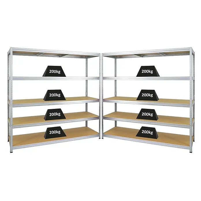 Mega Deal | 2x Schwerlastregal Giant Elephant | HxBxT 180x180x60cm | Fachlast 200kg | Verzinkt -  - Zwei Schwerlast-Metallregale mit Holzregalböden, jedes demonstriert 200kg Tragfähigkeit pro Boden.