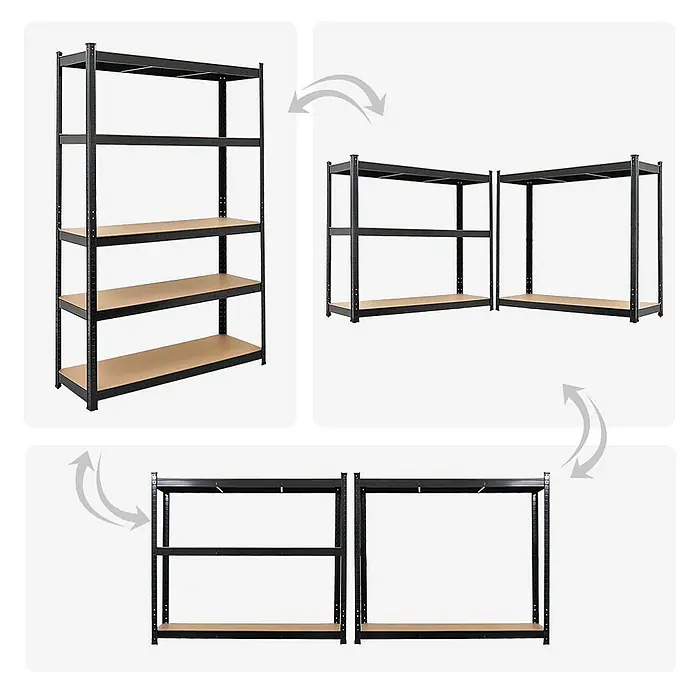 Schwerlastregal Ragnar 180x120x40cm 5 MDF-Platten-Ebenen 175kg Schwarz -  - Schwarzes Metallregal mit hellbraunen Holzablagen, umwandelbar von einer hohen Einheit in zwei kürzere.