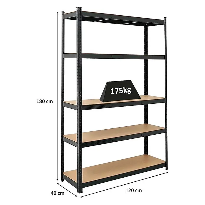 PROREGAL Schwerlastregal Ragnar HxBxT 180x120x40cm 5 MDF-Platten-Ebenen Fachlast 175kg Schwarz -  - Fünfbödiges Metallregal in Schwarz mit Holzablagen (H180xL120xB40 cm). Tragkraft: 175 kg pro Boden.