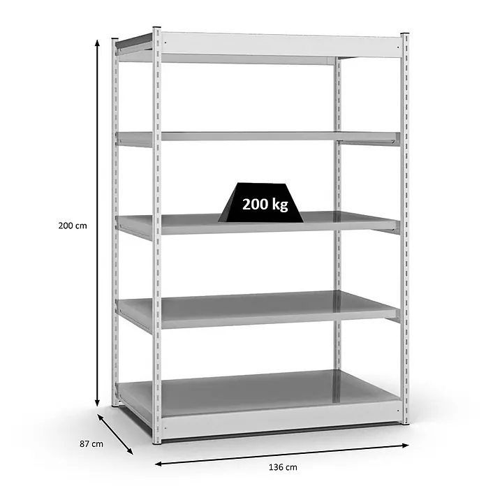 Proregal Schwerlastregal MAGNUS Vierkant-Profil Stecksystem - H x B x T: 200 x 132,5 x 80 cm, Traglast pro Boden: 200 kg, Anzahl Böden: 5 Stk., Stecken, Lichtgrau/Verzinkt - Graues Metallregal mit 5 Böden, 200 kg Tragkraft pro Boden, H 200 x T 87 x B 136 cm.